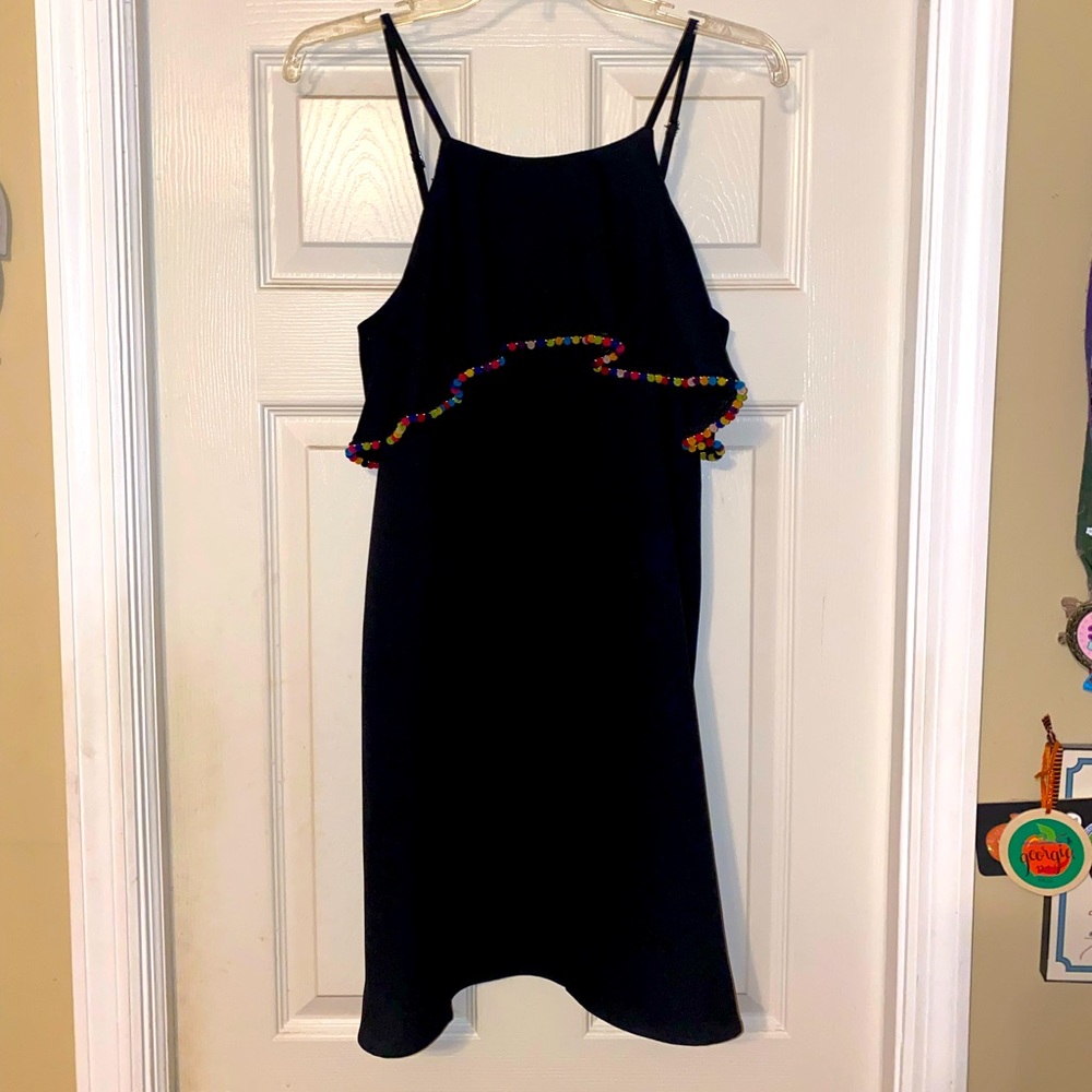 Love Riche Pom Pom Fringe Black Spaghetti Strap Dress Size Small